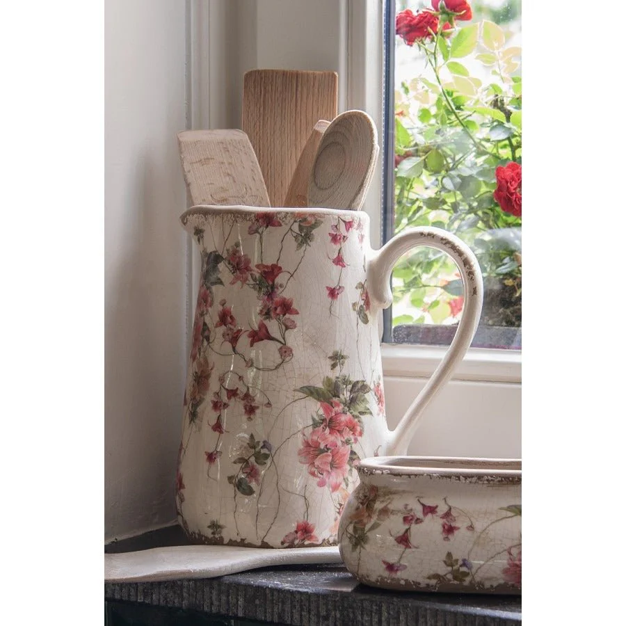 Decorative Pitcher 16 x 11 x 18cm Pink Beige Ceramic Flowers - Image 2