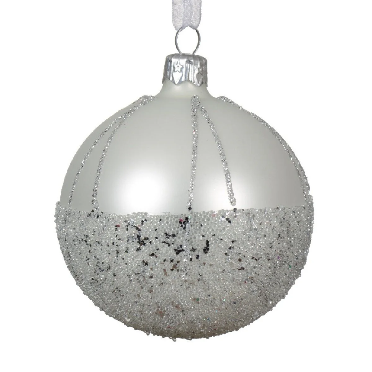 Decoris 8cm Glass Matt Ballotine with Sparkle Lines Bauble Winter White