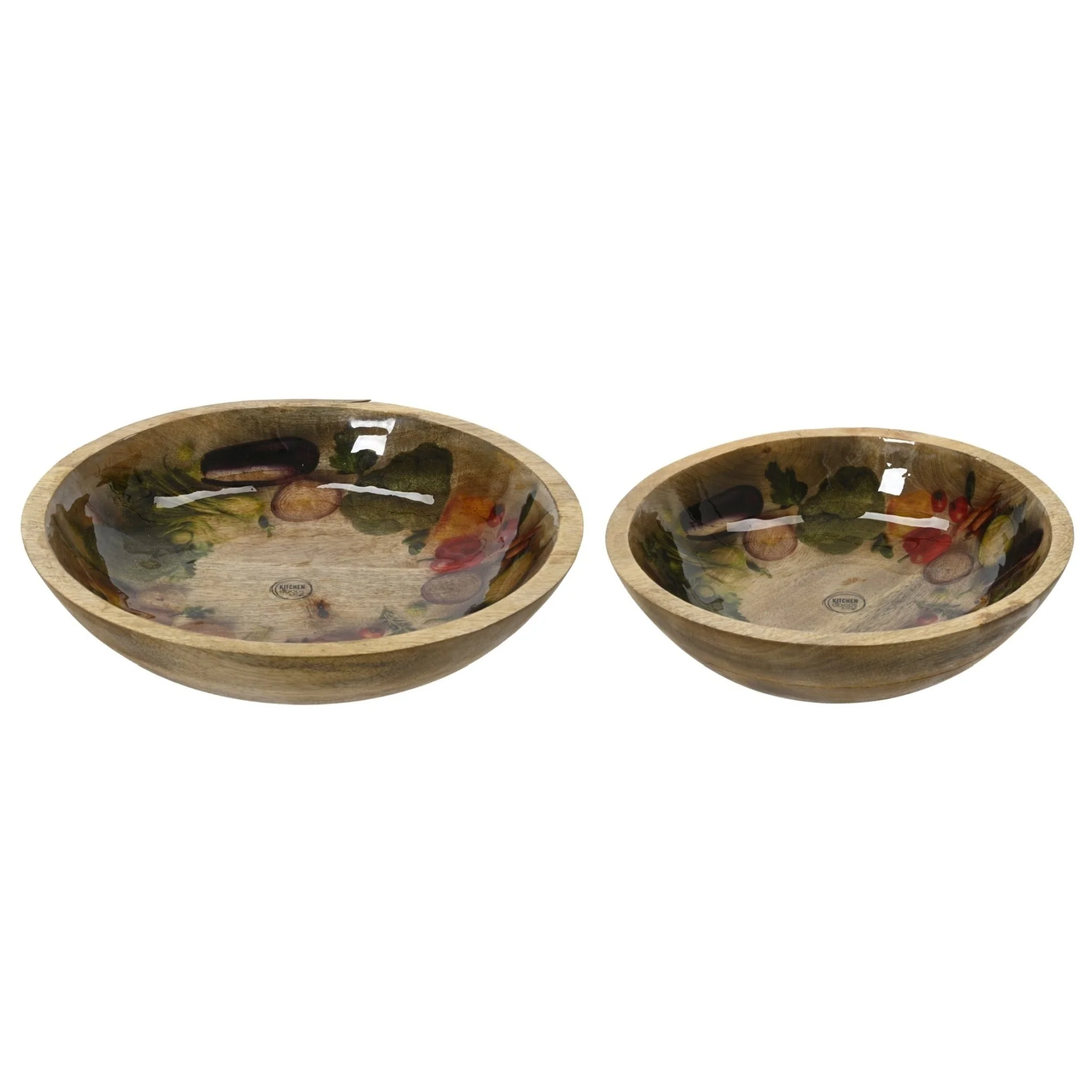 Decoris Round Mango Wood Bowl Set, 2‑Piece, Brown With Veggie Print