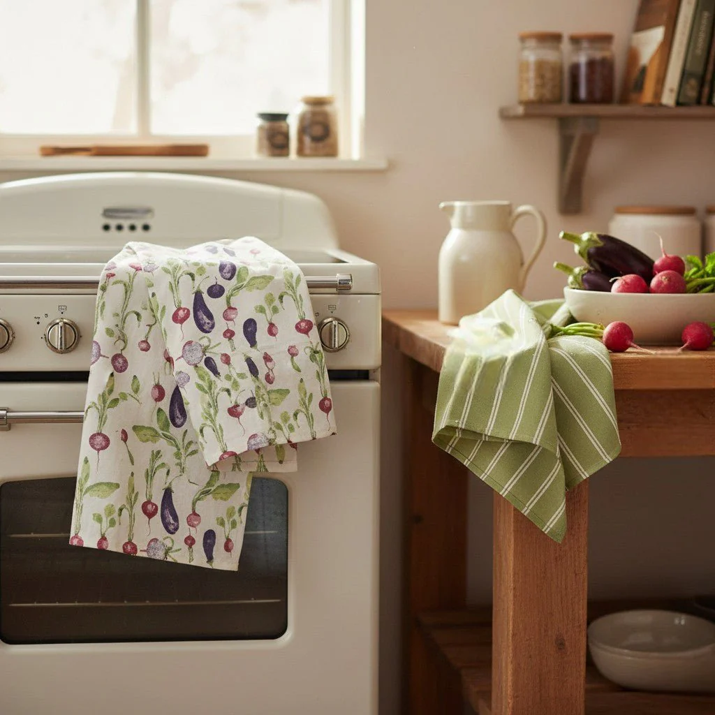Decoris Tea Towel Set 2‑Piece Green With Stripe And Vegetable Print - Image 2