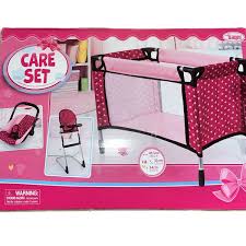 Dolls High Chair Set W/Bed & Car Seat - Pink Care Set