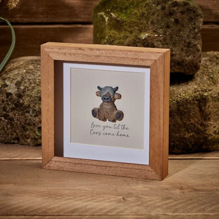 Dougal Highland Cow Coos Wood Framed Resin Pebble Picture