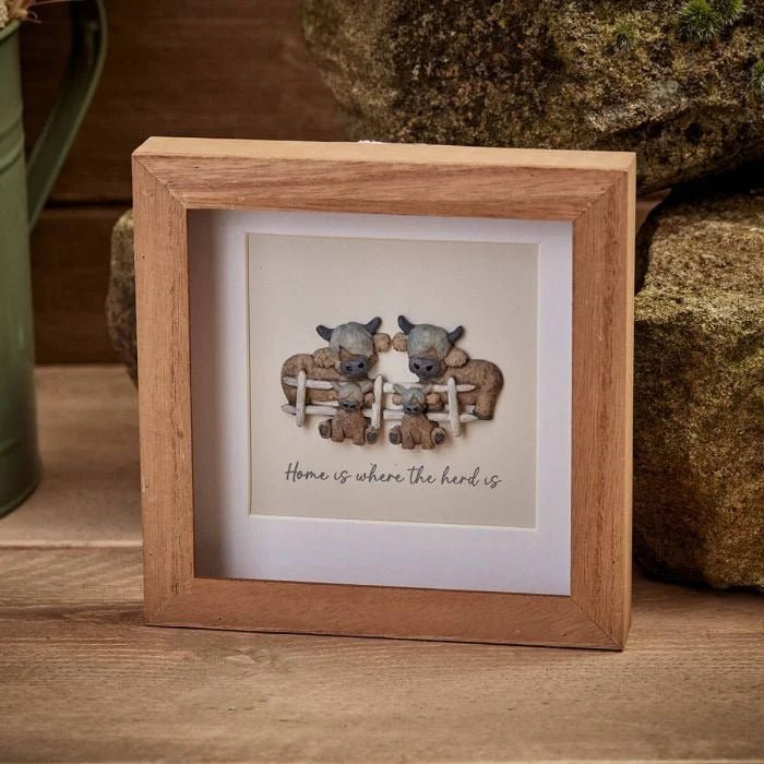 Dougal Highland Cow Herd Wood Framed Resin Pebble Picture