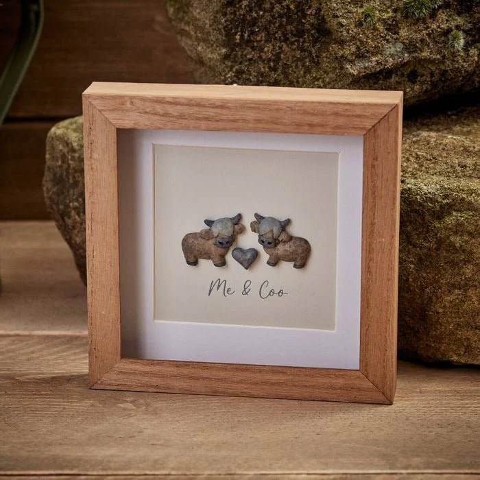 Dougal Highland Cow Me & Coo Wood Framed Resin Pebble Picture