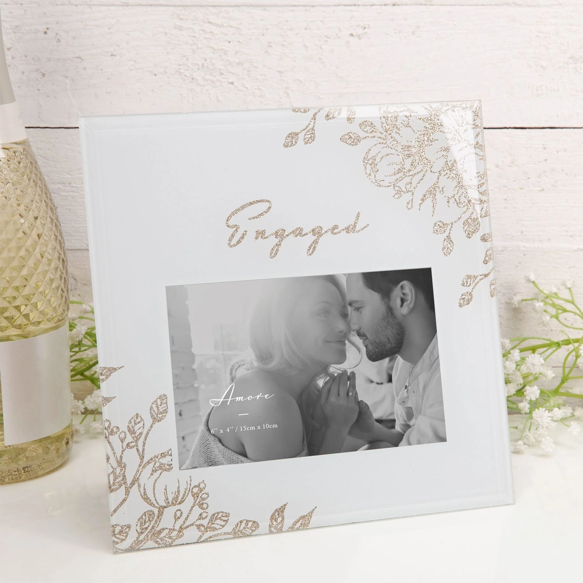 Engaged Pale Grey Glass Gold Floral Frame 6" x 4"