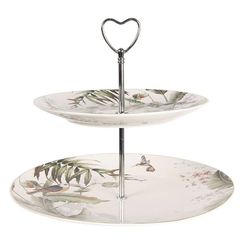 Etagere 2 Tier 26 x 24cm White Green Porcelain Birds Round Cake Stand