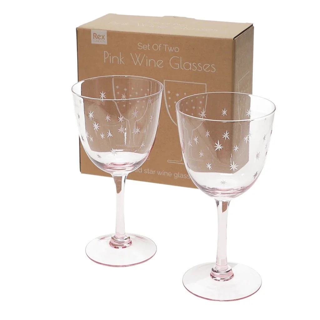 Etched Star Wine Glasses 250ml (Set of 2) – Pink Tint