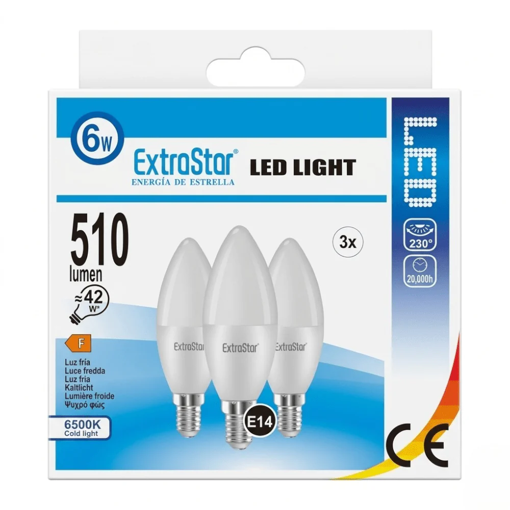 ExtraStar 6W E14 LED Candle Light Bulbs (3‑Pack) – Cold White