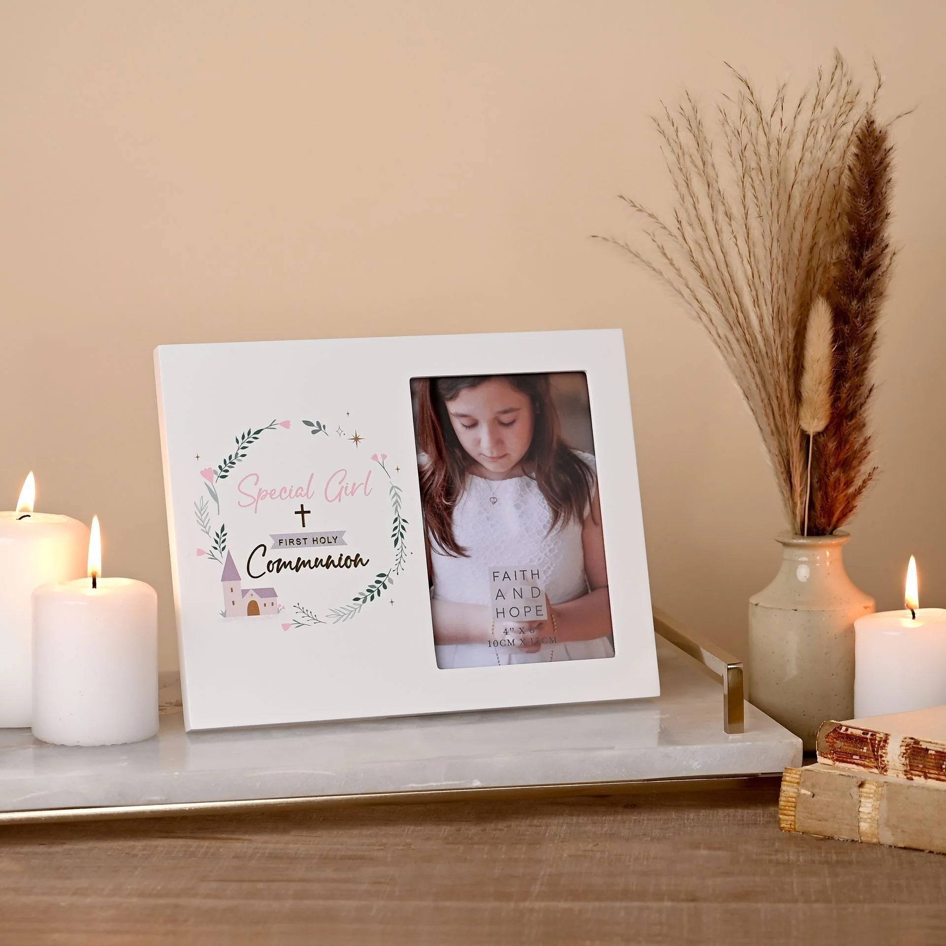 Faith & Hope Wreath Frame 4" x 6" – First Communion Girl