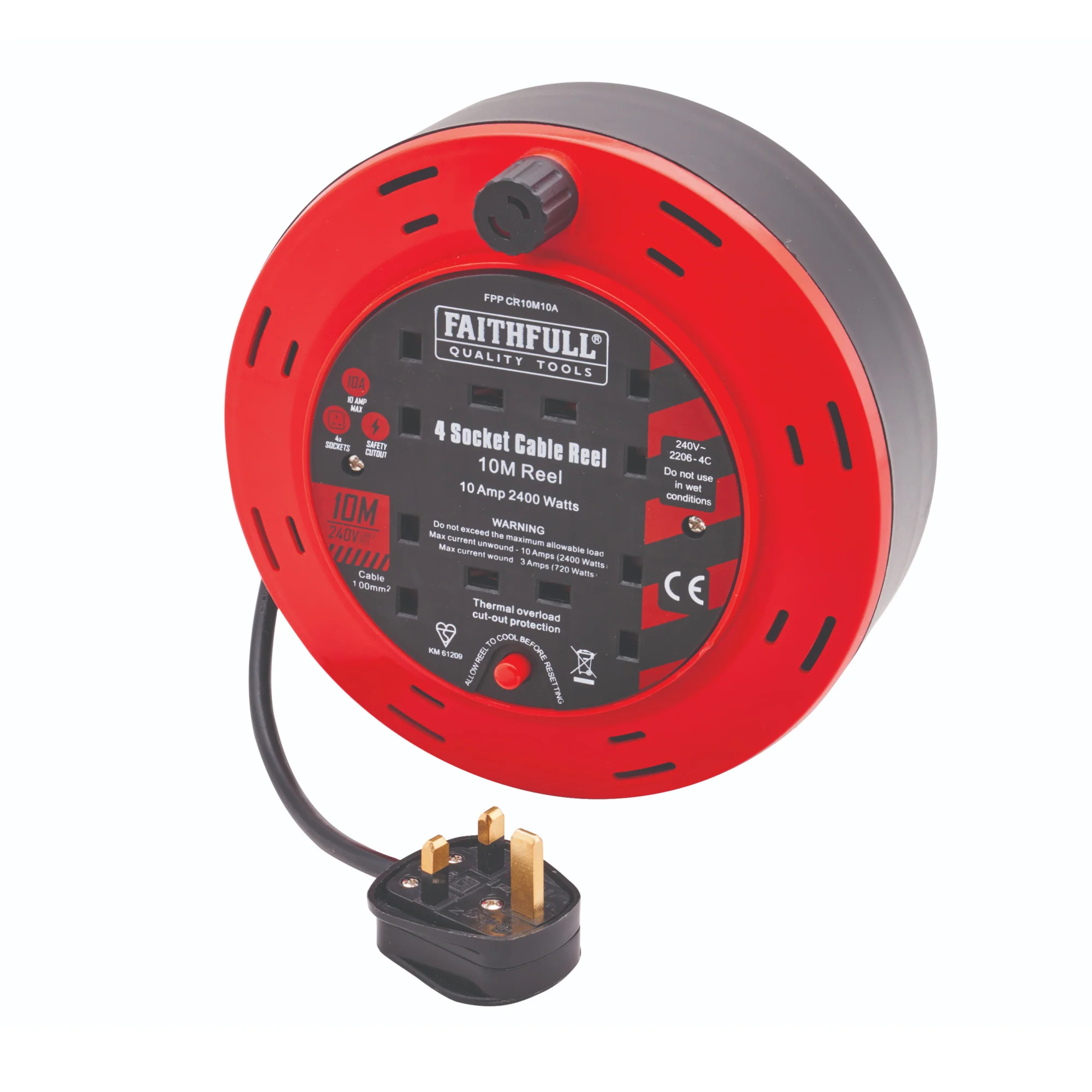 Faithfull 10m Cable Reel 10A, 4 Sockets