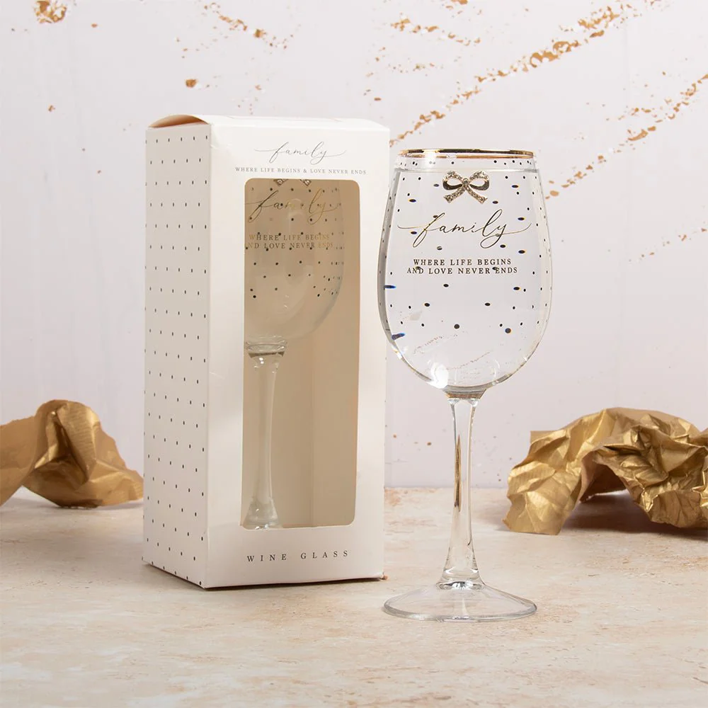 Family Life Wine Glass – Gold Script & Bow Detail