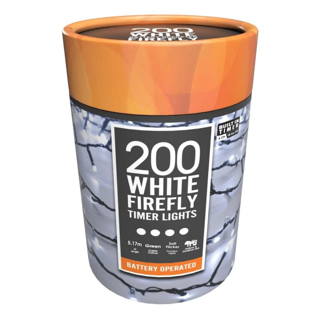 Festive 200 Battery Operated LED Firefly Timer Lights - White