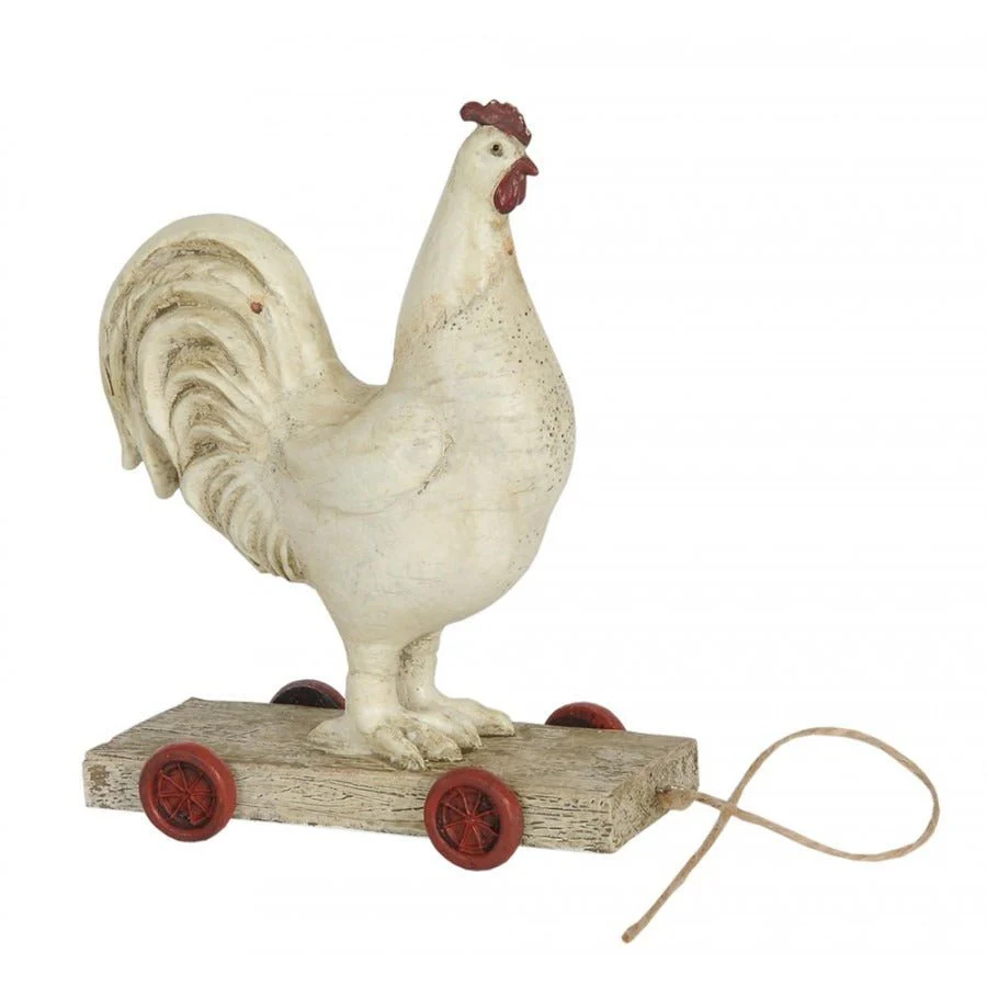Figurine Rooster on Wheels 15 x 7 x 17cm White Polyresin