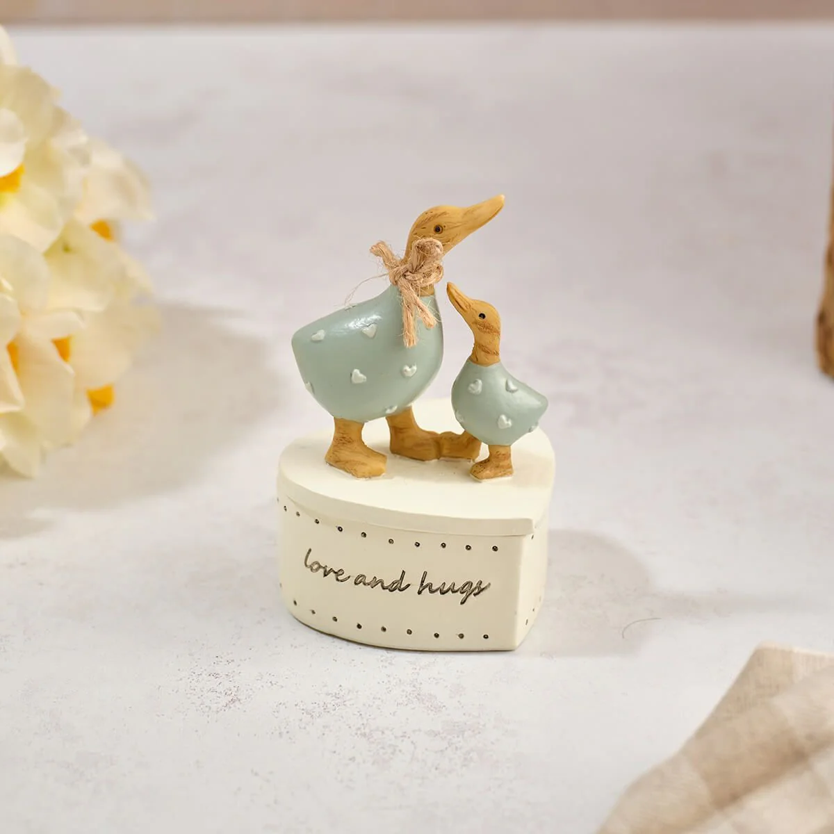 Floral Serenade Handcrafted Love Embossed Hearts Polyresin Mummy and Baby Duck Trinket Pot
