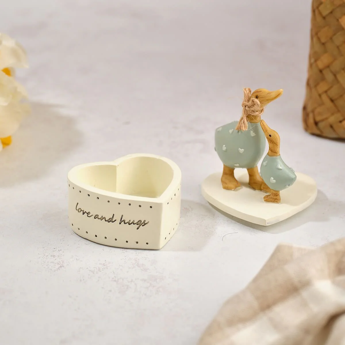 Floral Serenade Handcrafted Love Embossed Hearts Polyresin Mummy and Baby Duck Trinket Pot - Image 2