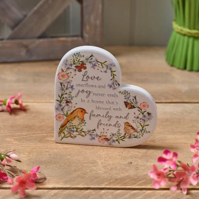 Garden Birds Ceramic Heart Block Love Family and Friends