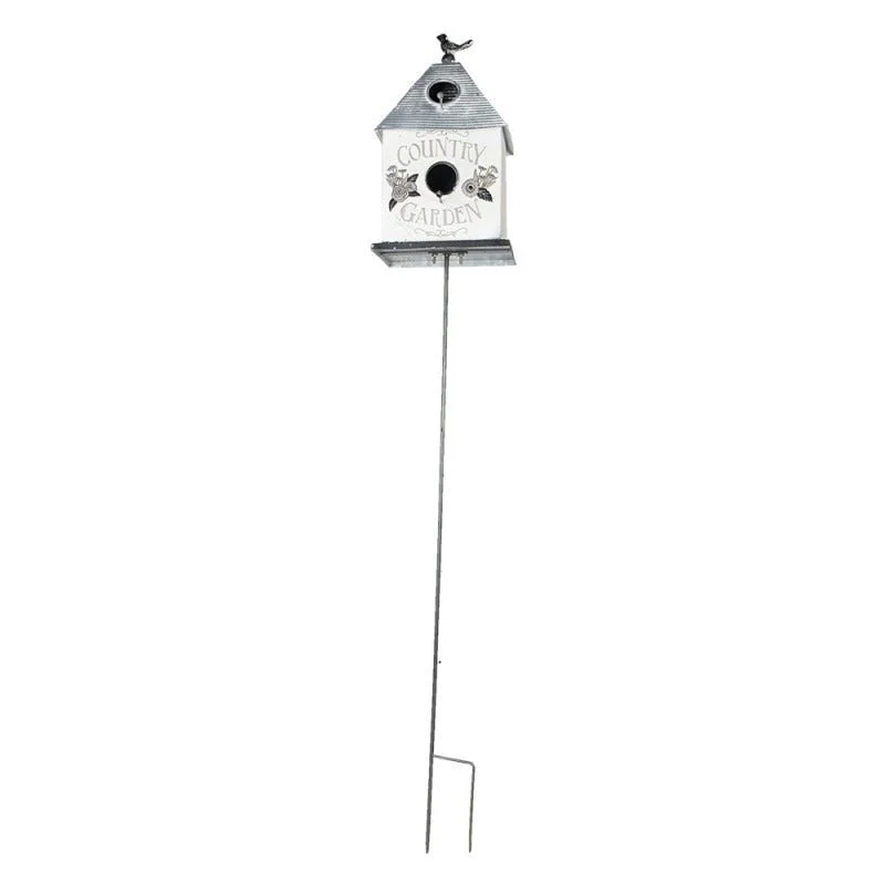 Garden Stake 18 x 13 x 109cm Grey White Metal Flowers Bird Feeder