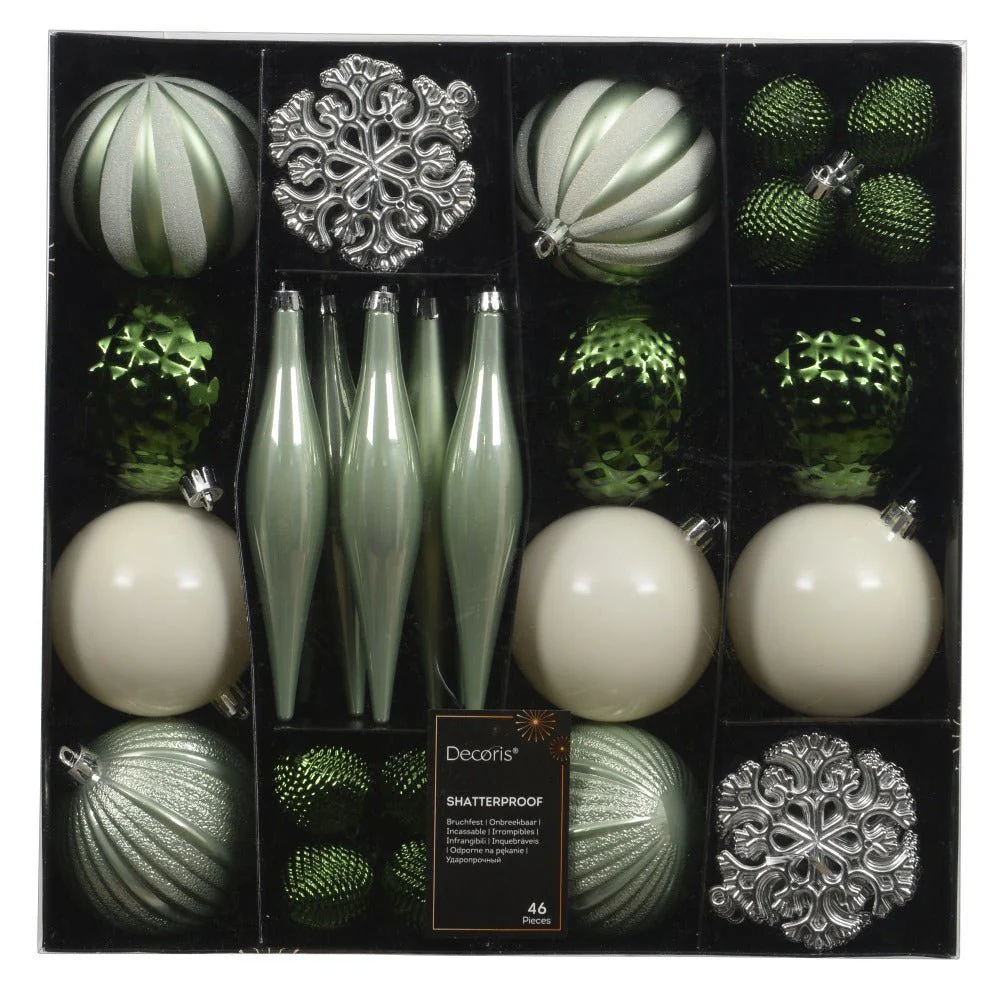 Green, White And Silver Shatterproof Bauble Mix | Pack Of 46