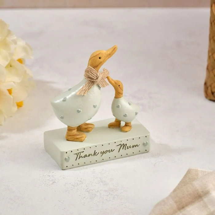 Handcrafted Thank You Embossed Hearts Mum Polyresin Mummy and Baby Duck Ornament