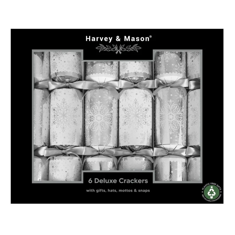 Harvey & Mason Christmas Crackers Silver Snowflake White Pack of 6