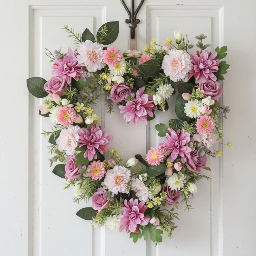 Heart Floral Wreath Pink Rose, Sunflower and Dahlia 45cm