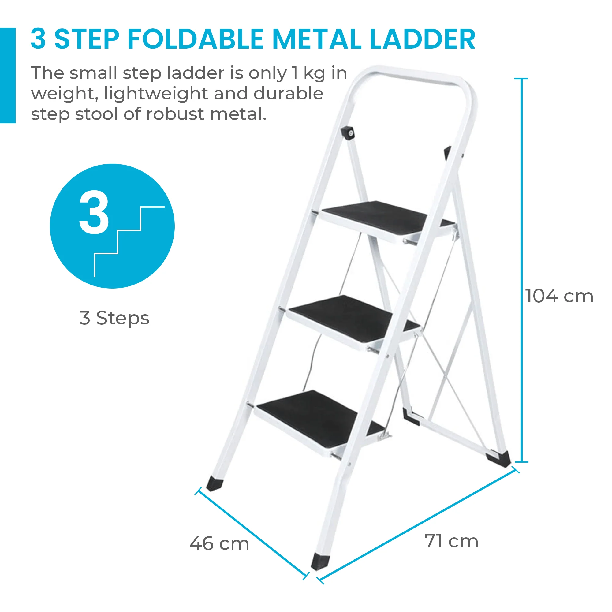 Highlands Non-Slip 3 Step Metal Step Ladder - Image 4