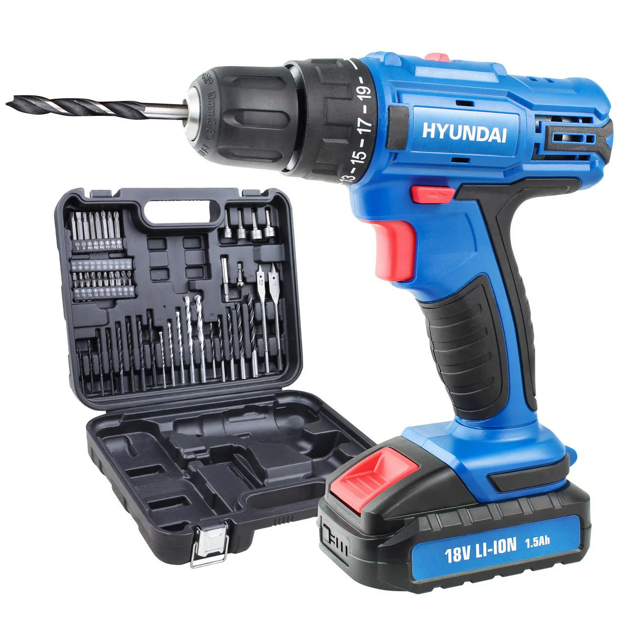 Hyundai 18v 1.5AH Li-Ion Cordless Drill with 54 Piece Drill Accessory Kit | HY2175