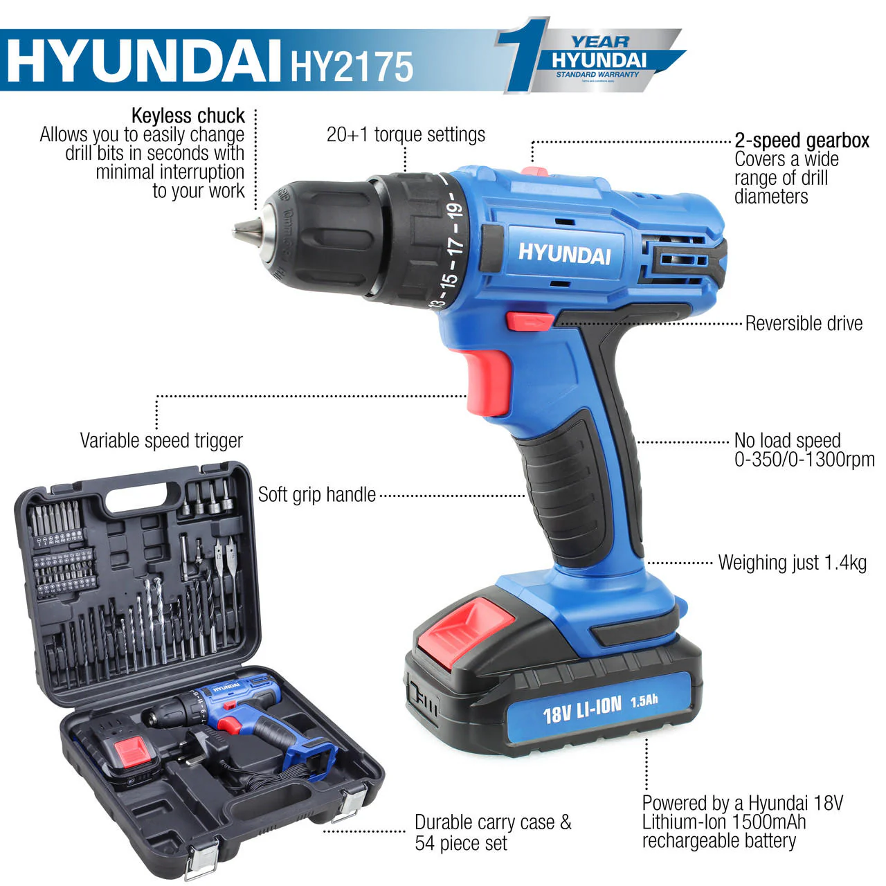 Hyundai 18v 1.5AH Li-Ion Cordless Drill with 54 Piece Drill Accessory Kit | HY2175 - Image 4