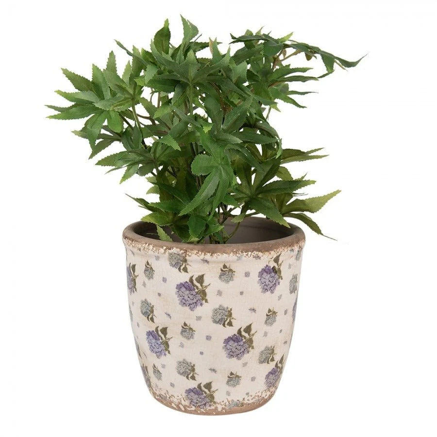 Indoor Planter 16 x 16cm Beige Blue Ceramic Flowers Round - Image 2