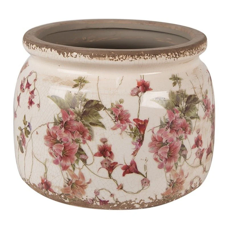 Indoor Planter 20 x 15cm Beige Pink Ceramic Flowers
