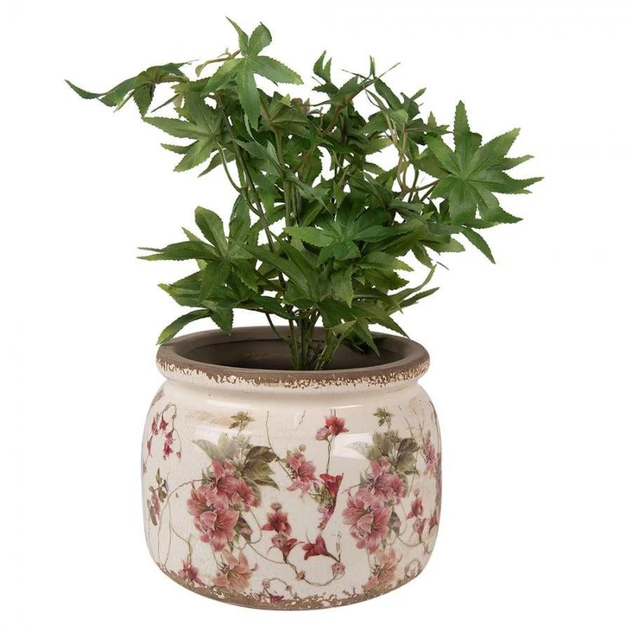Indoor Planter 20 x 15cm Beige Pink Ceramic Flowers - Image 2