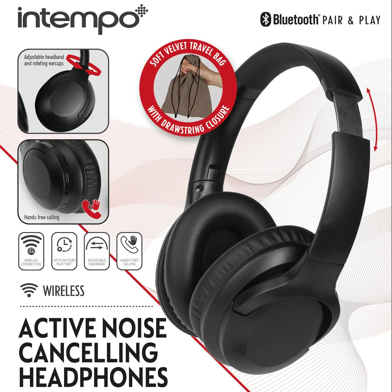 Intempo Active Noise Cancelling Headphones Black - Image 2