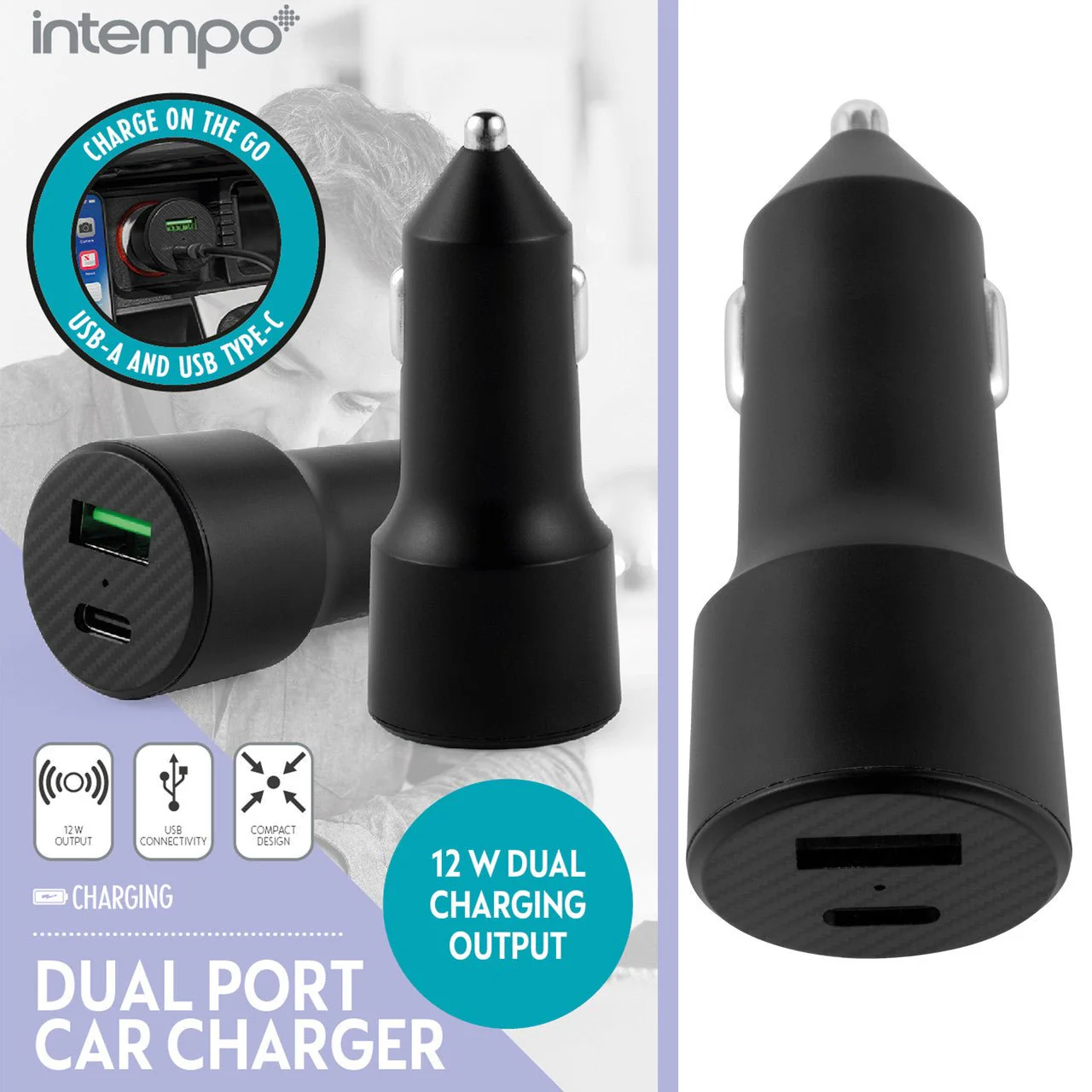 Intempo Car Charger – Dual Port Car Adapter, USB-A & USB Type-C Compatible - Image 2