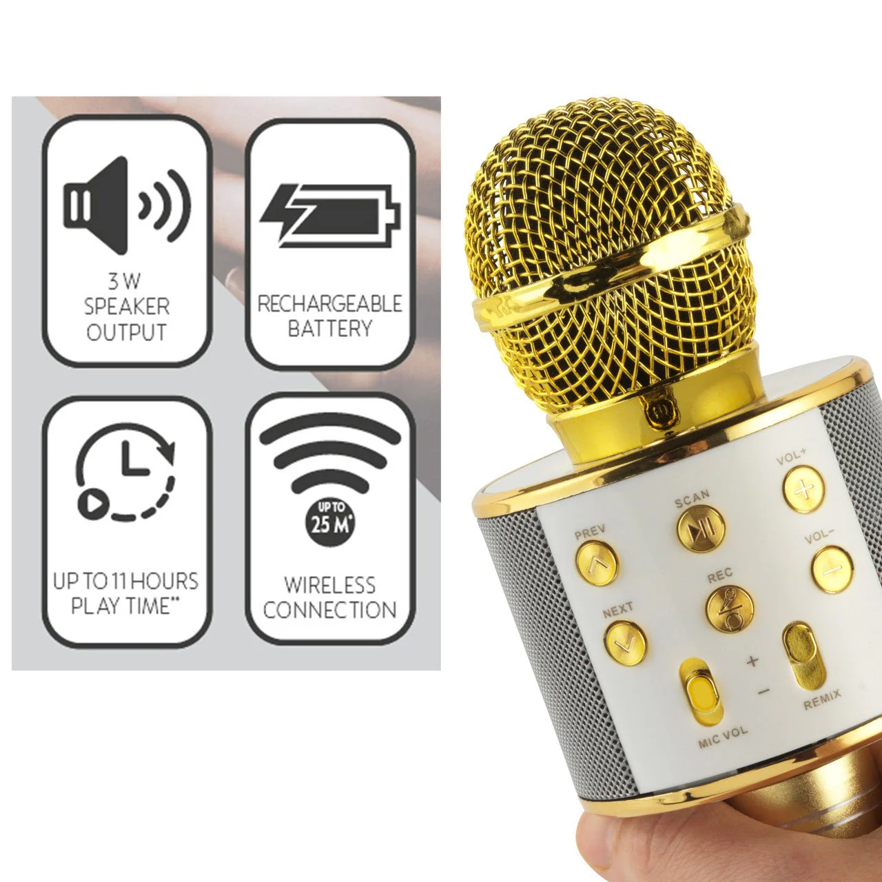 Intempo Wireless Karaoke Microphone Speaker White/Gold - Image 2