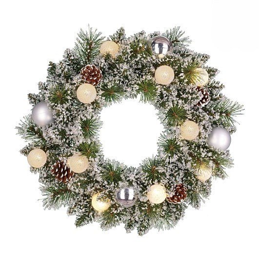 Kaprun Frosted Wreath Silver Warm White 10Leds with 88 TIPS Battery Operated with timer 10 x 45cm