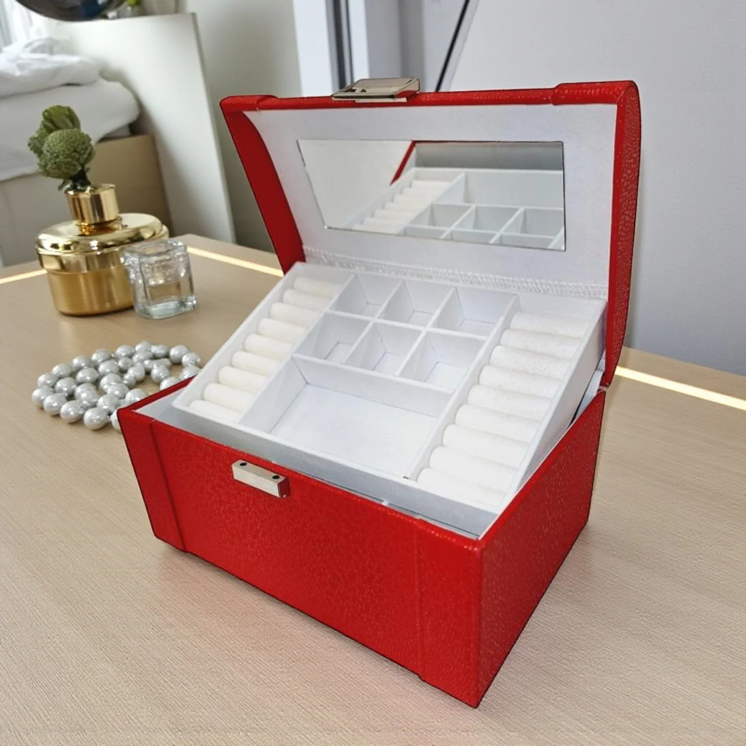 Large Mottled Red Jewellery Box – Faux Leather - Image 2