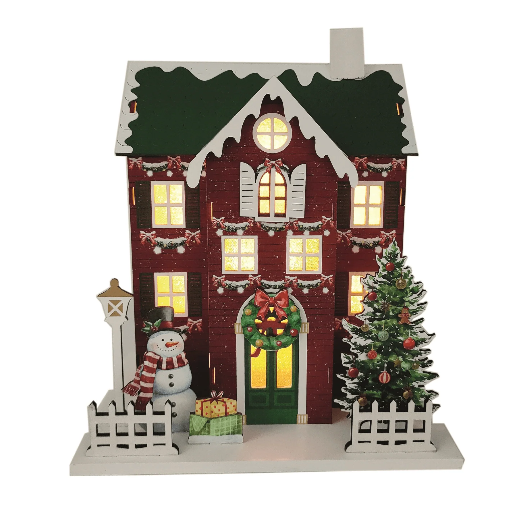 LED Wooden Christmas House with Green Roof 20 x 24cm