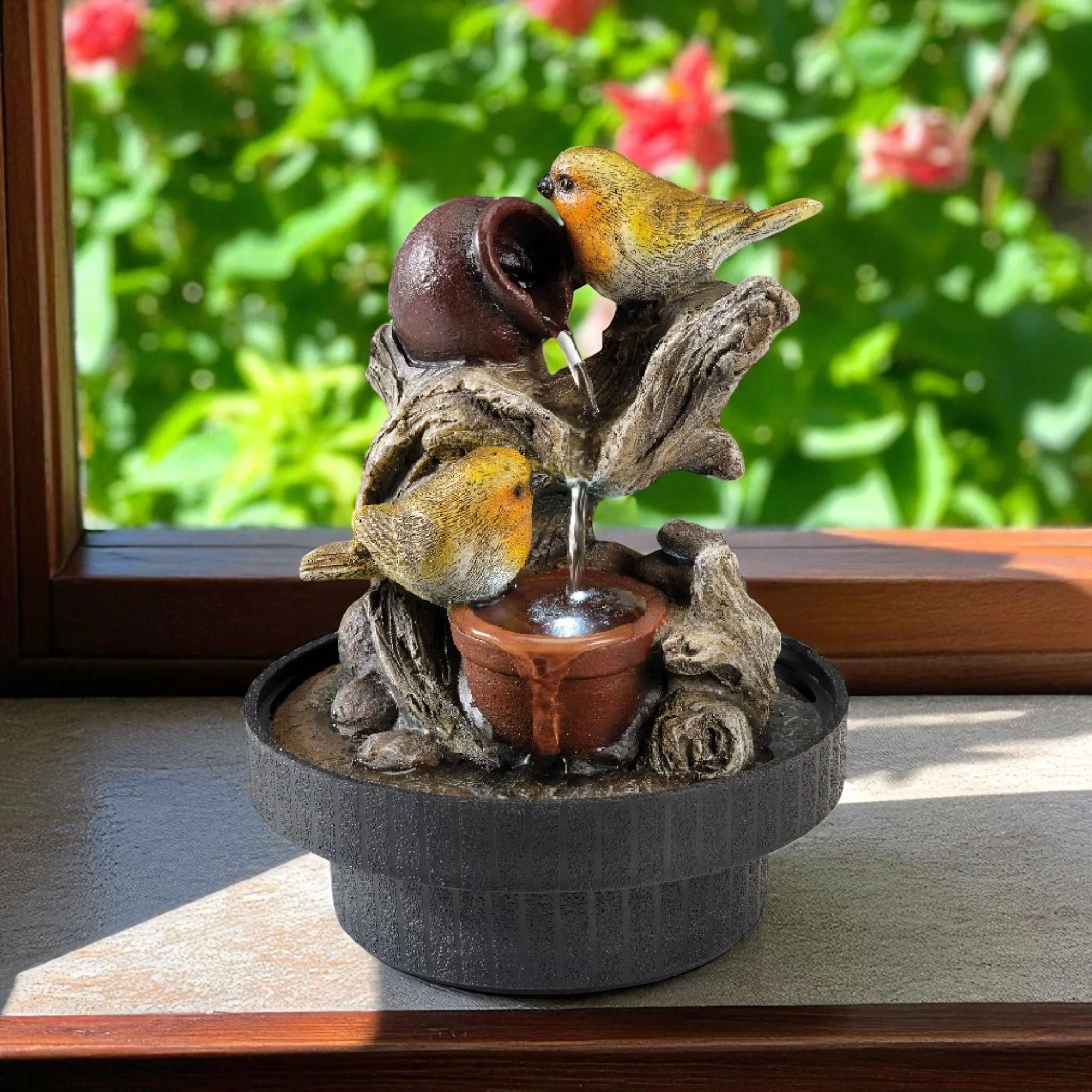 Lumineo 23cm Indoor and Outdoor Water Fountain with LED Light 'Birds with Pots'