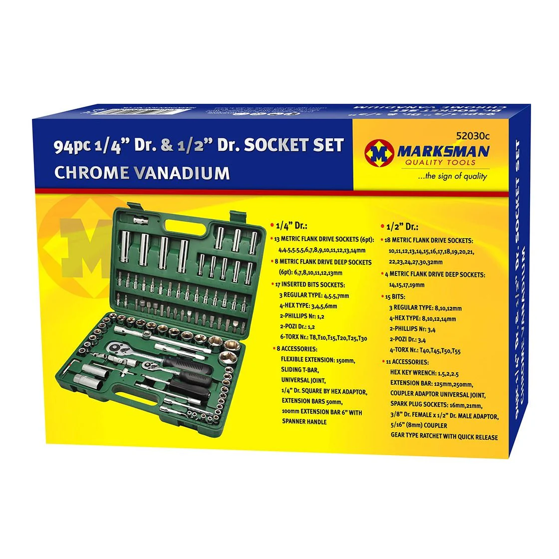 Marksman 1/4 and 1/2 inch Dr Socket Set - 94 Piece