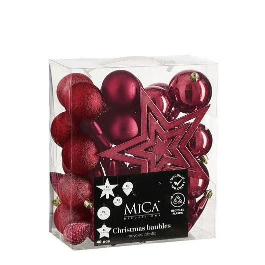 Mica Decorations 40pc Unbreakable Bauble Set Red 8cm