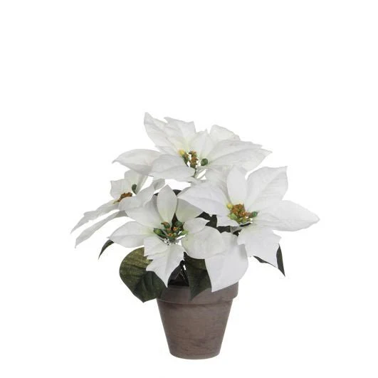 Mica Decorations Artificial White Poinsettia in Grey Pot 35cm