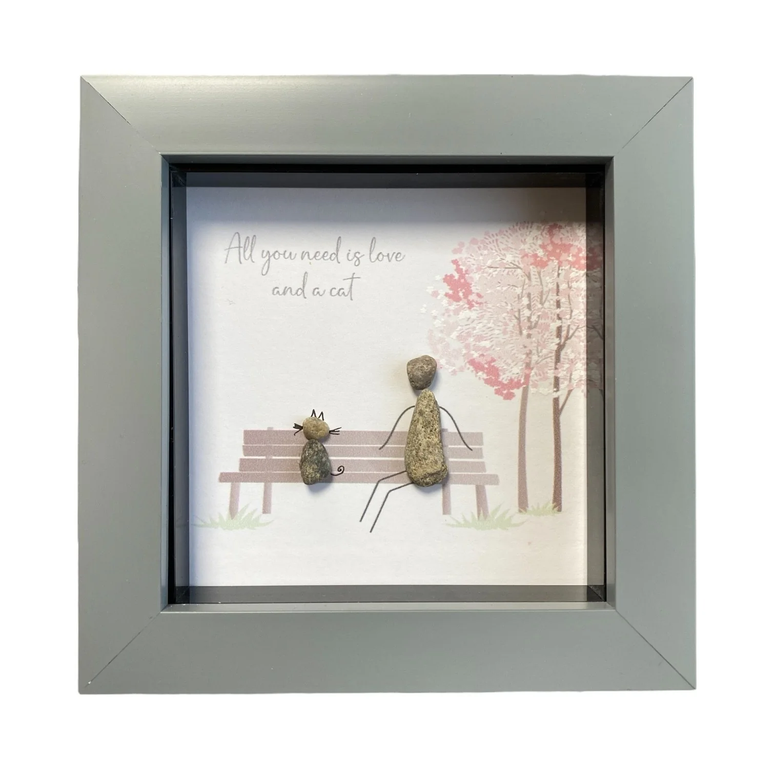 Mini Pebble Art All you need is Love and a Cat - Grey