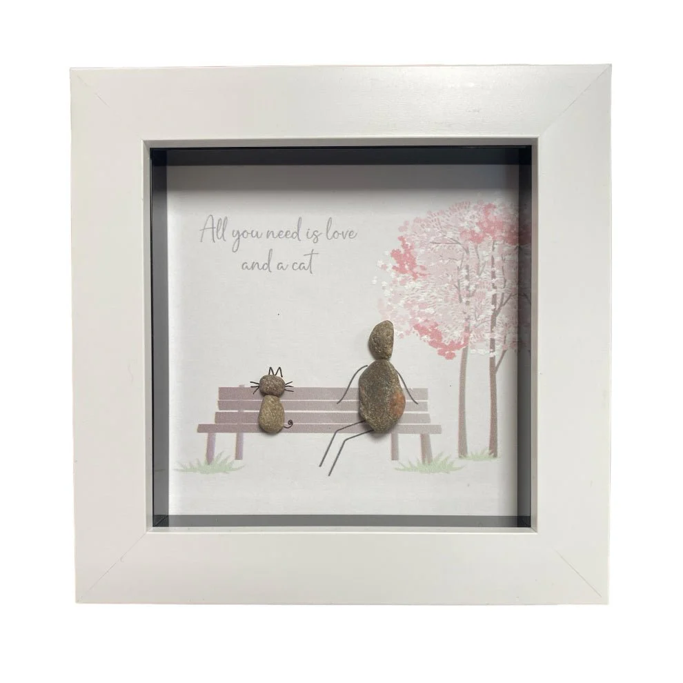 Mini Pebble Art All you need is Love and a Cat - White
