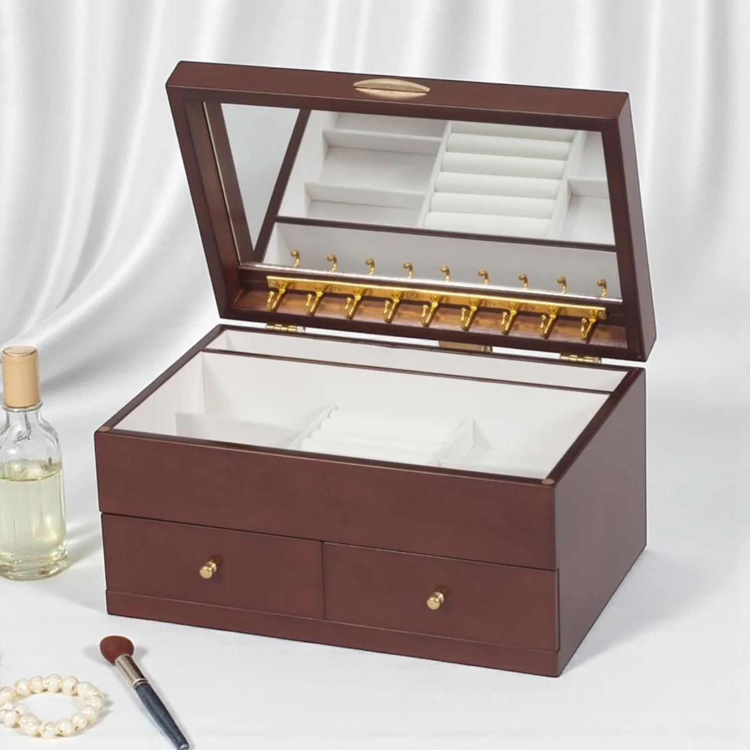 Mya Walnut Rose Jewellery Box – Two-Drawer Design - Image 2