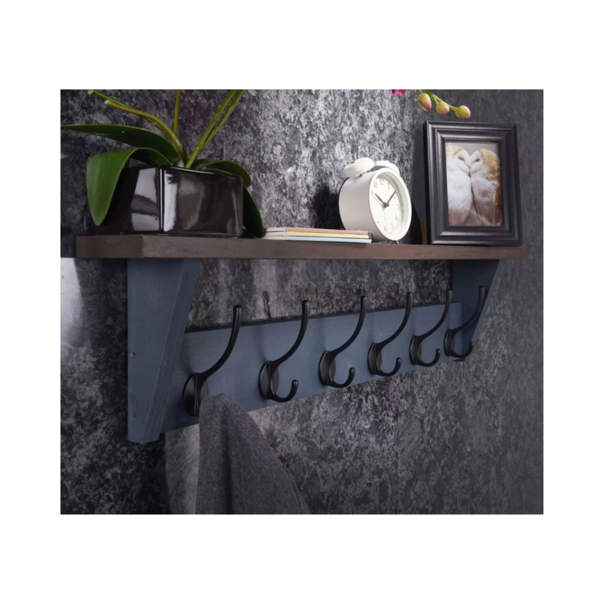 Oak & Grey Combo Shelf Unit – 6 Black Hooks (W 800 × H 200 × D 100 mm) - Image 2