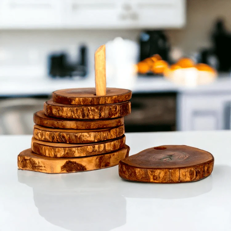 Olive Wood Rustic Coaster Set of 6 with Holder