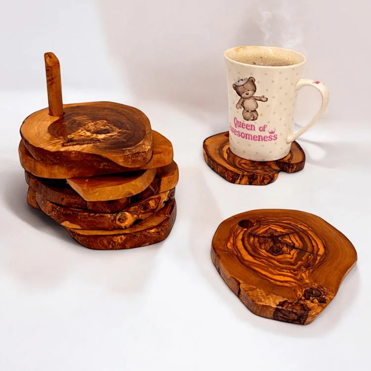 Olive Wood Rustic Coaster Set of 6 with Holder - Image 2