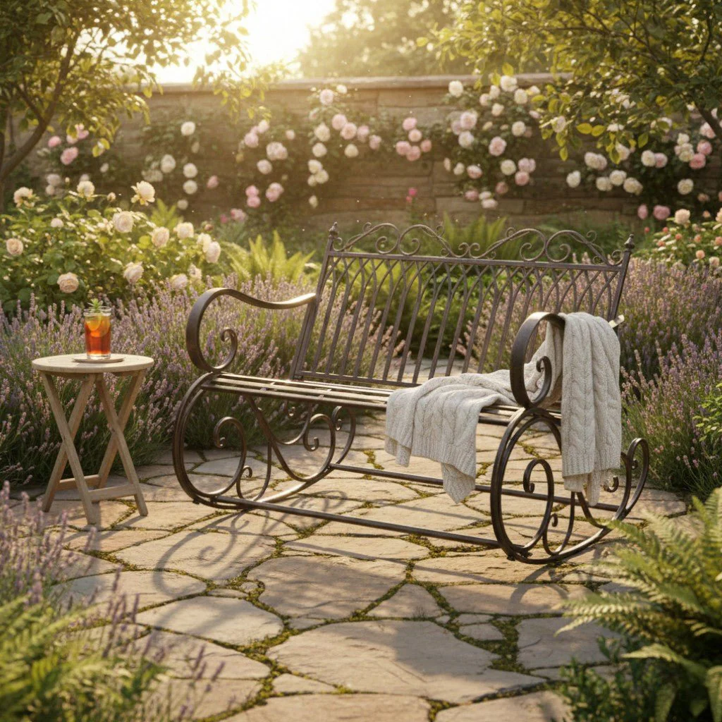 Outdoor Rocking Garden Bench – Steel Bordeaux Brown (92 x 113 cm) - Image 2