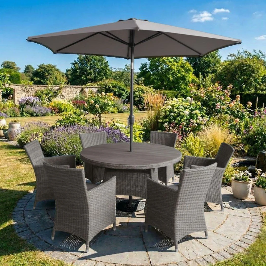 Parma 6‑Seater Round Garden Dining Set – Grey/Brown