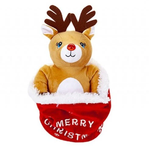 Peekaboo Reindeer In Sack With Flashing Nose 28cm